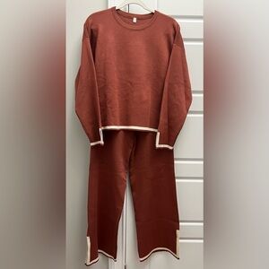 Women's 2 Piece Outfit Long Sleeve Knit Sweater Top Wide Leg Pants Lounge Set M